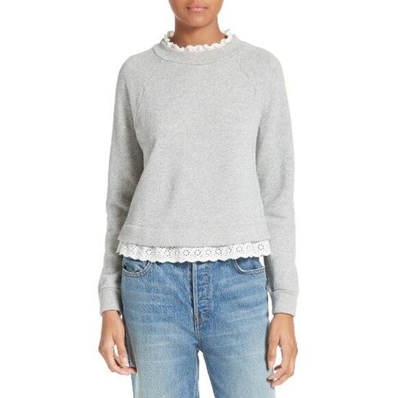La Vie Rebecca Taylor Small Gray White French Terry Pullover Ruffle Eyelet Neck - Picture 10 of 10